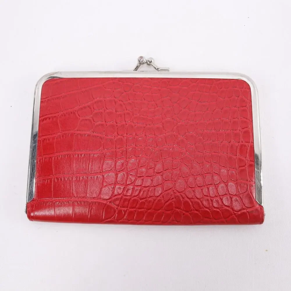 Photo Wallet Red Faux Croc Leather Kiss Lock 10 Plus Picture Slots Folio
